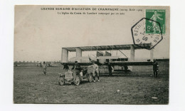 !!! MEETING DE BETHENY DE 1909, CPA DU BIPLAN DU COMTE DE LAMBERT REMORQUE PAR UNE AUTO, CACHET SPECIAL - Aviazione