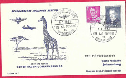 DANMARK - FIRST FLIGHT - SAS - FROM KOBENHAVN TO JOHANNESBURG *8.1.1953* ON OFFICIAL COVER - Aéreo