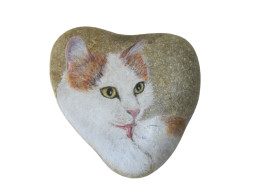 TURKISH VAN CAT (ANGORA) Hand Painted On A Beach Stone Paperweight Collectible - Fermacarte