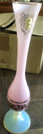 Ancien Vase Opaline Rose Pied Opalescent Camé Dorures H 29 Cm - Vazen