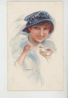 Illustrateur USABAL - MODE - CHAPEAUX - Jolie Carte Fantaisie Portrait Femme Dégustant Des Pâtisseries - Usabal