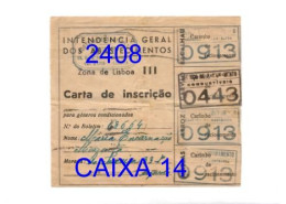 WWII: CARTA DE INSCRIÇÃO - INTENDÊNCIA GERAL DOS ABASTECIMENTOS - ZONA DE LISBOA III - Anos 40 - Portugal