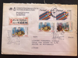 PORTUGAL, Registered Circulated Cover To Spain (Barcelona), « Flags», « Architecture », « Boats », 1982 - Buste