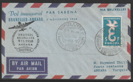 1958, Sabena, First Flight Cover, Rumelange Luxembourg-Ankara Turkye, Feeder Mail - Lettres & Documents