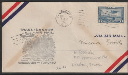 1939, First Flight Cover, Vancouver-Toronto - Premiers Vols