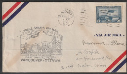 1939, First Flight Cover, Vancouver-Ottawa - Erst- U. Sonderflugbriefe