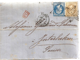 FRANCE / LETTRE DE PARIS A DESTINATION DE LA SUISSE  DE 1866 - 1849-1876: Période Classique