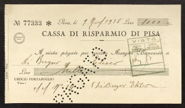CASSA DI RISPARMIO DI PISA 1938 ASSEGNO Bancario LOTTO 4711 - Autres & Non Classés