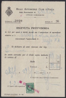 Regno D'Italia 1937, Napoli, Reale Automobile Club D'Italia, Ricevuta Provvisoroa, Marca Da Bollo Cent. 10 - Fiscale Zegels