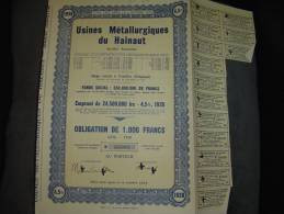 Obligation De 1000F " Usines Métallurgiques Du Hainaut " Couillet 1938 Très Bon état,annulée,reste Des Coupons - Industrie