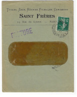 PARIS RP 18 PERIODIQUES Enveloppe Entête Toile Saint FRERES Tampon FACTURE 5c Vert Yv 137 Ob 6 2 1911 Verso Aigueperse - 1877-1920: Periodo Semi Moderno