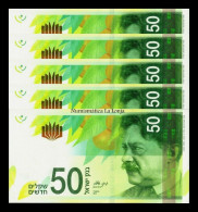 Israel Lot 5 Banknotes 50 New Shekels 2014 Pick 66b Sc Unc - Israel