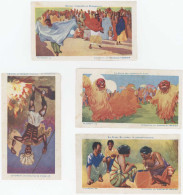 4 Chromos " Au Siam , Laos, Danse Du Feu Congo, Madagascar, Collection Chocolat Menier - Menier