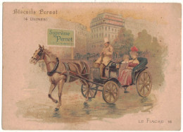 IMAGE CHROMO DIDACTIQUE PUBLICITAIRE PUBLICITE BISCUITS PERNOT LE FIACRE DIT SAPIN A PARIS ATTELAGE CHEVAUX AVEC LAQUAIS - Pernot