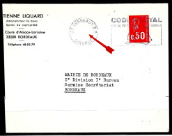 Curiosité Sur Lettre Secap O= Sans Le Bloc Dateur, 33 Bordeaux RP  Sur 0,50 Béquet Rouge - Storia Postale