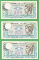 Italia Repubblica 3 X 500 Lire MERCURIO 1974 Serie + Numeri Consecutivi Nombres Consécutifs Mercury - Otros & Sin Clasificación