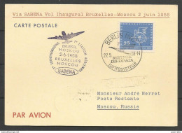 Aérophilatélie - DDR Luftpost - Carte 1958 - Berlin - Sabena 1er Vol Bruxelles-Moscou - LeipzigerMesse - Autres & Non Classés