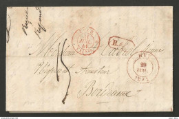 Belgique - LAC De Huy à Bordeaux Du 29/07/1841 + "B.4.R" En Rouge  + Cachet De Passage Par Valenciennes - 1830-1849 (Belgique Indépendante)