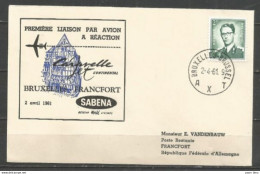 BRUXELLES-FRANKFORT - Sabena 2/4/1961 - Timbres Belgique (Baudouin Lunettes Type Marchand) - Avions