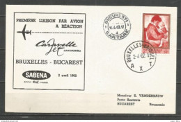 BRUXELLES-BUCAREST 16-4-62 - Sabena Caravelle - Timbre Belgique Permeke - Vliegtuigen