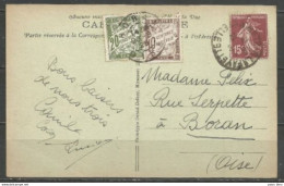 France - Type Semeuse Camée - N°189 Sur CP METZ Porte Des Allemands + Taxe N°29+31 Obl.BORAN (Oise) - 1906-38 Säerin, Untergrund Glatt