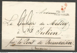 France - LSC De PARIS Du 3/3/1845 Vers ST JULIEN Par Le PONT DE BEAUVOISIN - Cachets CF En Rouge Et VIA DI BEAUVOISIN - - 1801-1848: Precursores XIX