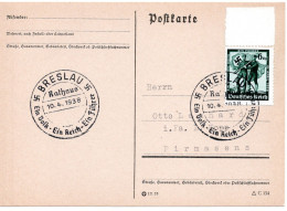 59400 - Deutsches Reich - 1938 - 6Pfg Volksabstimmung EF A Kte SoStpl BRESLAU - EIN VOLK EIN REICH ... -> Pirmasens - Lettres & Documents