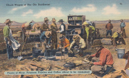 Old West Theme, Chuck Wagon Cowboys Eating Meal, C1930s/40s Vintage Linen Postcard - Sonstige & Ohne Zuordnung