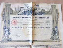 Année 1924 Action Au Porteur N° 10,668 PARIS-TRANSPORTS -AUTOMOBILES ,1/5e De Part De Fondateur :dim.40 X 33cm Hors Tout - Transport