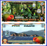 Piwi Islands $2, Exotic Birds In Jungle, Gold Foil Segmented Security Strip UNC - Other - Oceania