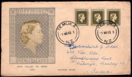 NEW ZEALAND 1963 Souvenir Cover FDC Official,Queen Elizabeth II, QEII ,New Values ,Timuka To Bombay, India (**) RARE - Storia Postale