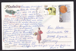 Portugal: Picture Postcard To Germany, 2002, 2 Stamps, Bird, Coin, Money, Card: Funchal Madeira (minor Crease) - Lettres & Documents