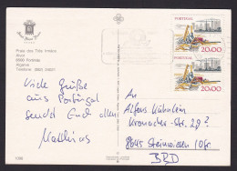 Portugal: Picture Postcard To Germany, 1980s, 2 Stamps, Construction, Card: Hotel Alvor Praia, Portimao (traces Of Use) - Storia Postale