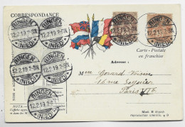 FRANCE BLANC 1C BLOC DE 4+1+2C+3C CARTE FM CACHET ALLEMAND BINGEN 12.2.19 NIED POUR PARIS - 1900-29 Blanc