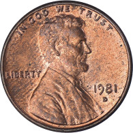 Monnaie, États-Unis, Lincoln Cent, Cent, 1981, U.S. Mint, Denver, TB+, Laiton - 1959-…: Lincoln, Memorial Reverse