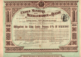 UNION MINIERE DE METALLURGIQUE DE RUSSIE - OBLIGATION DE CINQ CENT FRANCS -5% -ANNEE 1913 - Mijnen