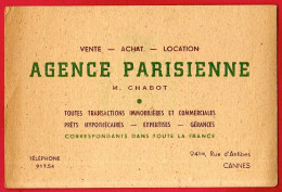 Carte De Visite Commerciale AGENCE (immobilière) PARISIENNE M. Chabot, Rue D'Antibes 06 CANNES - Cartes De Visite