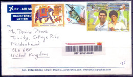 2013 India Elephant Olympic Cricket Sachin Tendulkar Registered Letter Cover Sent To UK - Cricket