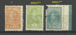 RUSSLAND RUSSIA 1929 Michel 365 - 367 MNH/MH NB! Mi 367 Has Defacts ! - Unused Stamps