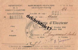 17 0011 SAINTES 1945 Carte D'Électeur Femme 1945 -1946 élections Municipales De GEAY - Mme Andrée GEINGUENAUD - Autres & Non Classés