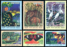 Tiger, Peacock, Butterflies, Dear, Elephant, Crane, Animals, Birds, India 2017 MNH 6v - Kranichvögel
