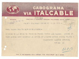 Portugal Télégramme Câble Cabograma Italcable Italie Italia 1953 Grève Trains France Telegram Cable Italy Train Strike - Cartas & Documentos