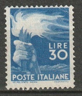 1945/48 Italia 30 Lire Perforation 14  Michel #702A Unused, No Gum (cat € 400,-) - Neufs