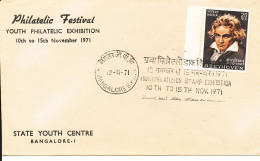 India Cover Philatelic Festival Youth Philatelic Exhibition Bangalore 12-11-1971 BEETHOVEN Single Franked - Briefe U. Dokumente