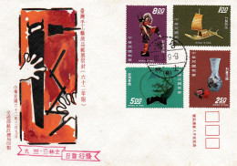 Taiwan Formosa Republic Of China FDC Art Drawings Paintings Traditional Costumes Ceramics - 8$,5$,2.50$ And 1$ Stamps - FDC