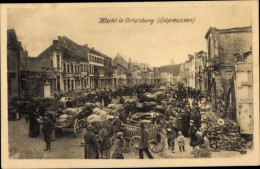 CPA Szczytno Ortelsburg Ostpreußen, Fuhrwerke, Kriegszerstörungen, Markt, I. WK - Ostpreussen