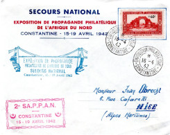 ALGERIE// ENVELOPPE EXPOSITION PHILATELIQUE DE CONSTANTINE DE 1942 POUR LE SECOURS NATIONAL - Storia Postale