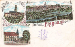 Litho 1900 Souvenir De Fribourg Hôtel De Ville Cathédrale - Fribourg