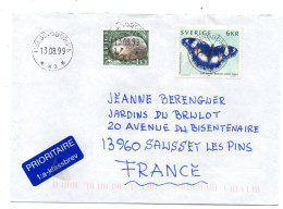 Suède -1999-- HELSINBORG  Pour SAUSSET LES BAINS-13 (France).. Beaux Timbres (papillon ,hérisson )...cachet - Brieven En Documenten