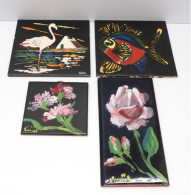 -LOT De 4 CARREAUX CERAMIQUE VINTAGE Décor FLEURS FLAMAND ROSE POISSON  E - Autres & Non Classés